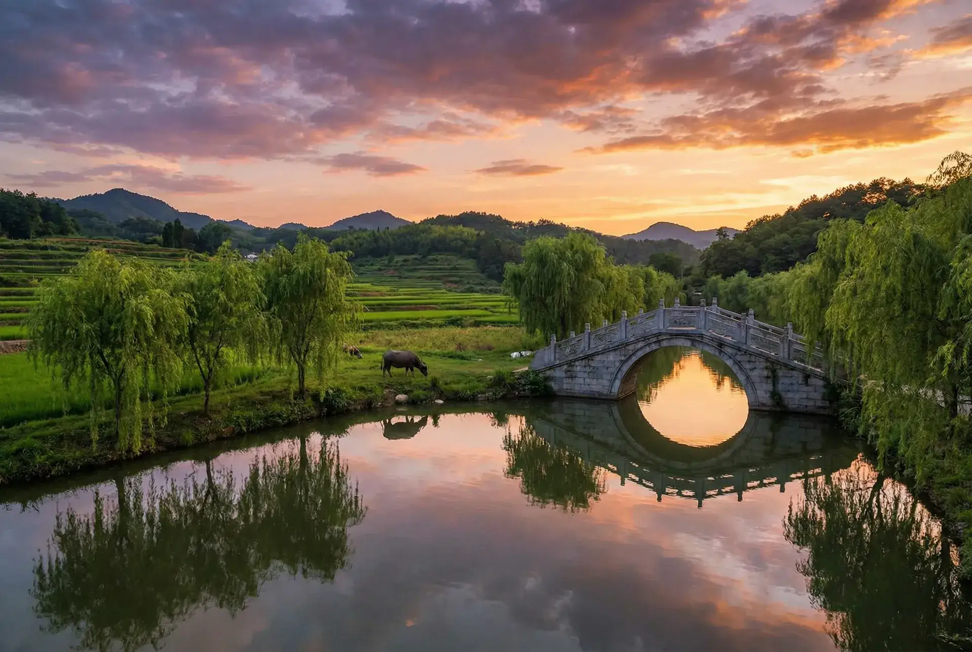 夕阳下的石拱桥与垂柳，水牛在河边吃草 - 兔宝的悲惨日常 乡村美景